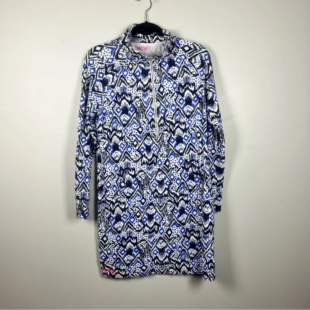 Lilly Pulitzer UPF 50+ Skipper Popover Dress Blue Ikat Oh My Cod Large